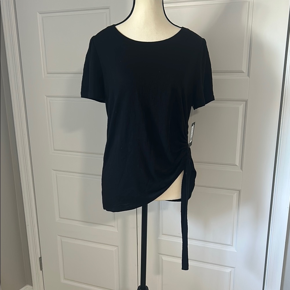 NEW NWT Black Asymmetrical Tie Front Short Sleeve Tee with Rouching